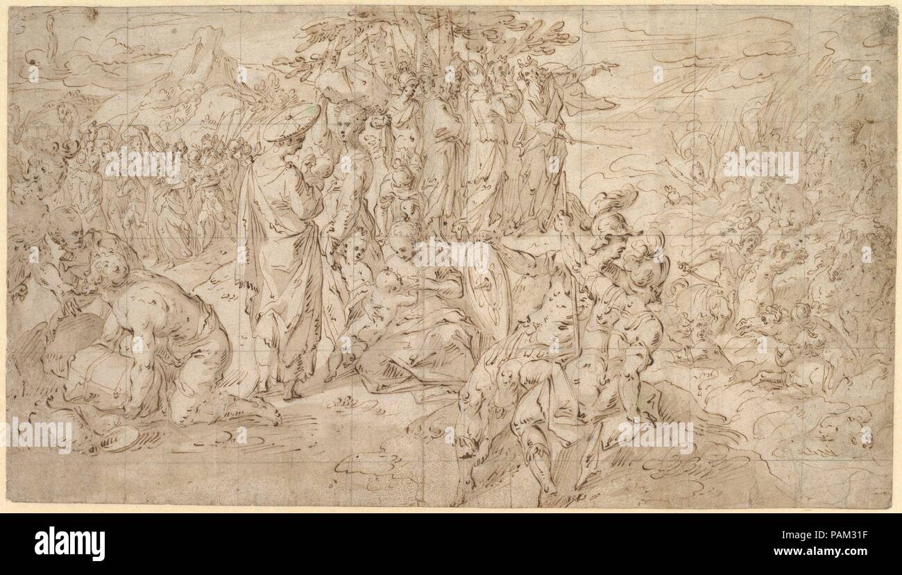 La destruction de l'armée du pharaon. Artiste : Hendrick de Clerck (1570-1629), Russisch. Fiche technique : Dimensions : 8 x 15 9/16 1/8 in. (21,7 x 38,4 cm). Date : fin 16ème-début du 17e siècle. Musée : Metropolitan Museum of Art, New York, USA. Banque D'Images