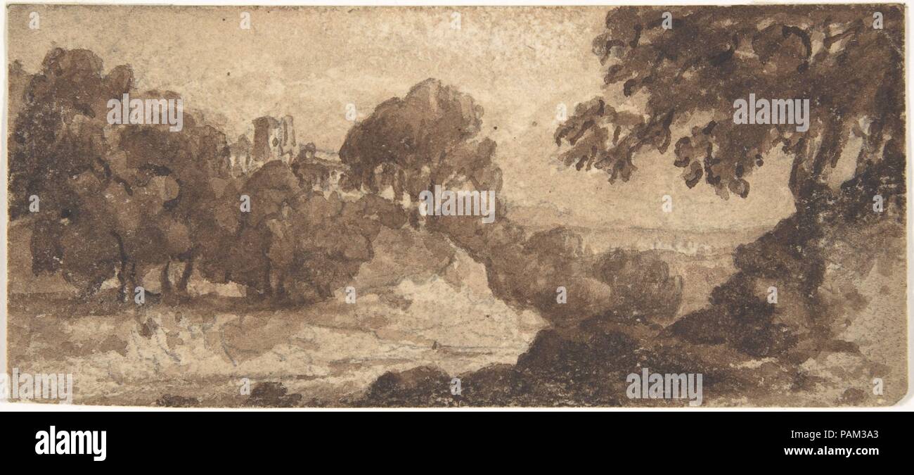 Paysage. Artiste : attribuée à Heneage Finch, 4e comte d'Aylesford (British, Syon House 1751-1812 Grand Packington, Warwickshire). Dimensions : 2-5/16 x 5-1/4 in. (5,9 x 13,4 cm). Date : 1770-1812. Musée : Metropolitan Museum of Art, New York, USA. Banque D'Images
