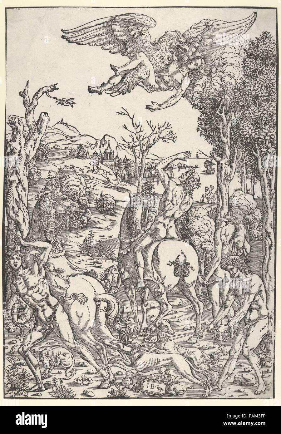 Comme l'aigle, Zeus enlevant Ganymède. Artiste : Giovanni Battista Palumba (Italien, actif ca. 1500-1520). Fiche Technique : Dimensions : 14 × 3/16 9 13/16 in. (36 × 25 cm). Date : 1500-1510. Parmi les nombreux Jupiter était le garçon aime Ganymède, que le dieu, sous l'apparence d'un aigle, enlevé à l'Olympe pour servir de son échanson. La gravure sur bois de Palumba suit l'Énéide de Virgile (description 5.250-57) d'un manteau brodé avec une représentation de l'enlèvement du prince de Troie alors que la chasse sur le mont Ida. comme Virgile, écrit que la belle jeunesse est né en altitude dans les serres de l'aigle, ses gardiens s'étendent leurs mains à va Banque D'Images