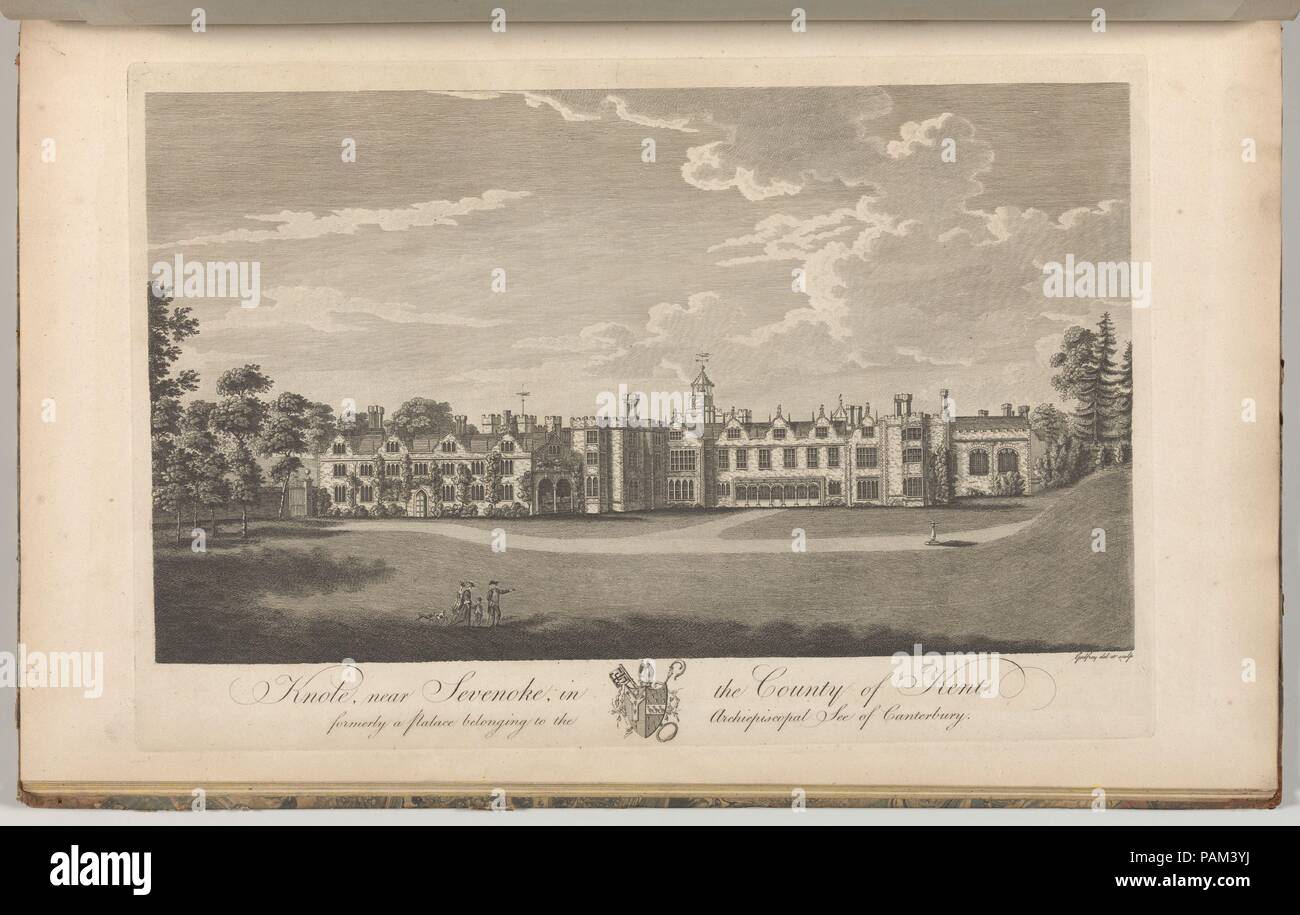 Knole, près de Sevenoke, dans le comté de Kent, autrefois un palais appartenant au siège archiépiscopal de Cantorbéry, se hâta de Edward's, l'histoire et relevé topographique du comté de Kent, volumes 1 à 3. Artiste : dessiné et gravé par Richard Bernard Godfrey (britannique, Londres probablement ca. Après 1728-1795). Dimensions : Livre : 17 × 11 × 5/16 à 13/16. (44 × 28 × 2 cm) Fiche technique : 16 × 15/16 10 5/8 in. (43 × 27 cm) Plaque : 10 × 14 1/16 in. (25,5 × 35,5 cm). Date : 1777-90. 27 la plaque, tome I L'aspect de Knole dans Sevenoke. L'impression est dédié à l'archevêque de Canterbury. Voir 2014.599.1-30. Banque D'Images