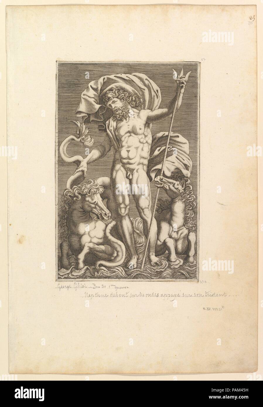 Neptune entre deux chevaux de mer. Artiste : Anonyme, Italien ?, 16e siècle ; après Perino del Vaga (Pietro Buonaccorsi (Italien), Florence Rome 1501-1547). Dimensions : plateau : 9 1/4 x 6 9/16 in. (24,3 x 15,9 cm) Fiche technique : platemark 16 1/16 x 10 7/8 in. (40,8 x 27,6 cm). Ancienne Attribution : Giorgio Ghisi (Italien, Mantoue ca. Mantoue 1520-1582). Date : ca. 1560-80. Musée : Metropolitan Museum of Art, New York, USA. Banque D'Images