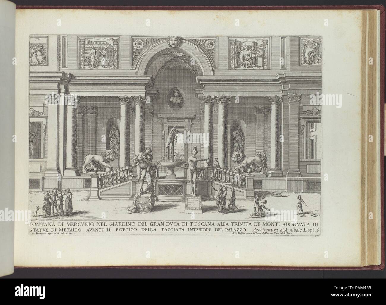 Le Fontane ne' Palazzi e ne' Giardini di Roma con li Loro Prospetti et Ornamenti. Dimensions : Plaque : 8 x 5/16 12 3/16 po. (21,1 x 31 cm). Graveur : Giovanni Battista Falda (Italien, Valduggia 1643-1678 Rome) ; Giovanni Francesco Venturini (Italien, actif ca. 1650-1700). Editeur : Publié par Giovanni Giacomo De Rossi (Italien, Rome Rome 1627-1691). Date : 1691 ou après. Troisième partie de la série d'impression sur les fontaines de Rome et ses environs publié par Giovanni Giacomo de Rossi. Le Fontane 'ne' Palazzi e Giardini ne'', joué par Venturini et Falda, contient une page de titre, un allegori Banque D'Images