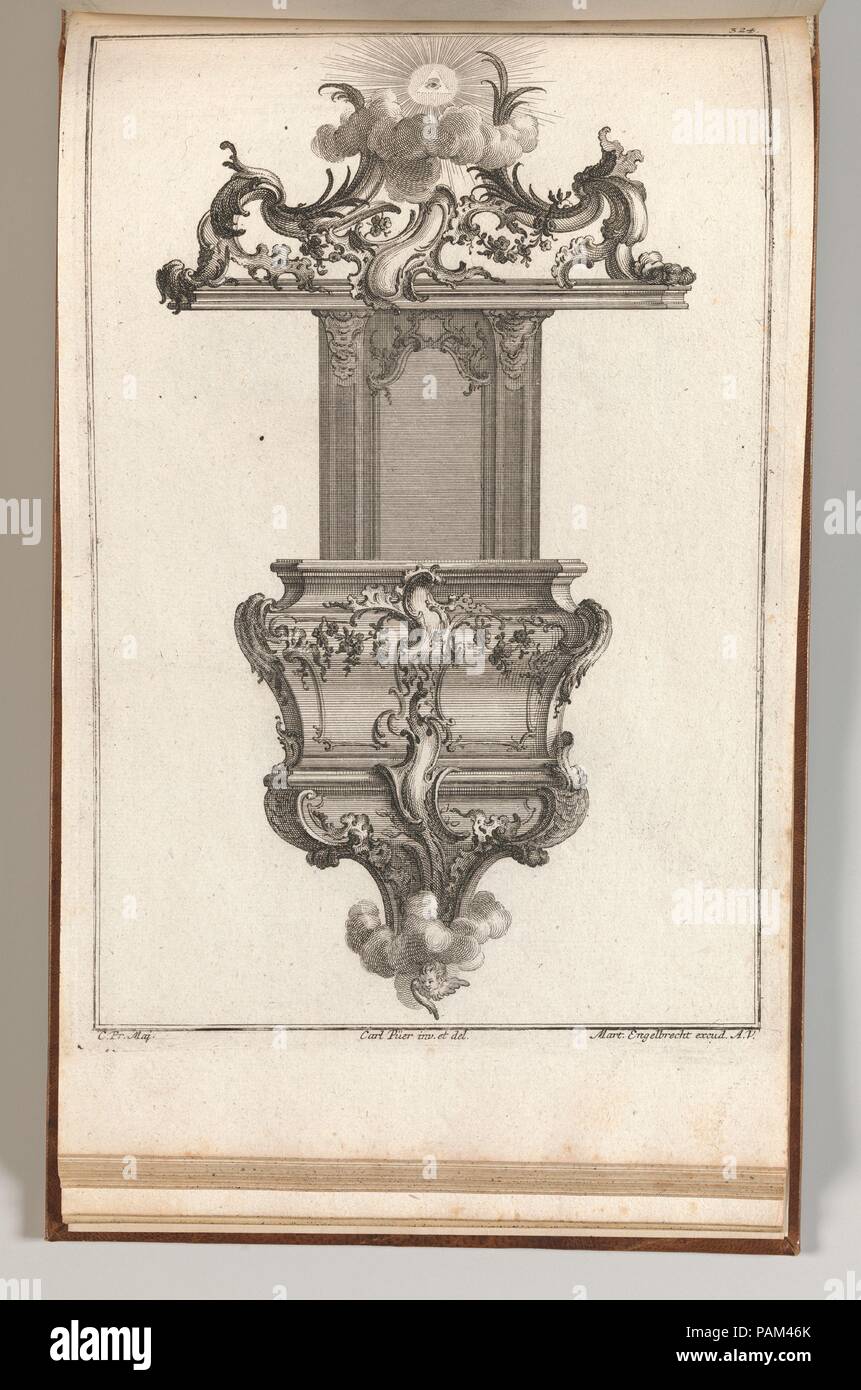 Conception pour une chaire, plaque 3 à partir d'une série de dessins sans titre en chaire. Artiste : Carl Pier (allemand, actif Augsburg, ca. 1750). Dimensions : hors tout : 8 7/16 x 13 3/4 in. (21,5 × 35 cm). Editeur : Martin Engelbrecht (allemand, Augsburg Augsbourg 1684-1756). Date : Imprimé ca. 1750-56. Ornement imprimer avec une conception pour une chaire suspendu illustré en élévation frontale. La chaire est caractérisé par un baldaquin de ornements rocaille menant à l'œil qui voit tout de Dieu, entouré de rayons de soleil. Cette impression est lié dans un album contenant 27 séries avec un total de 122 estampes de l'ornement fun Banque D'Images