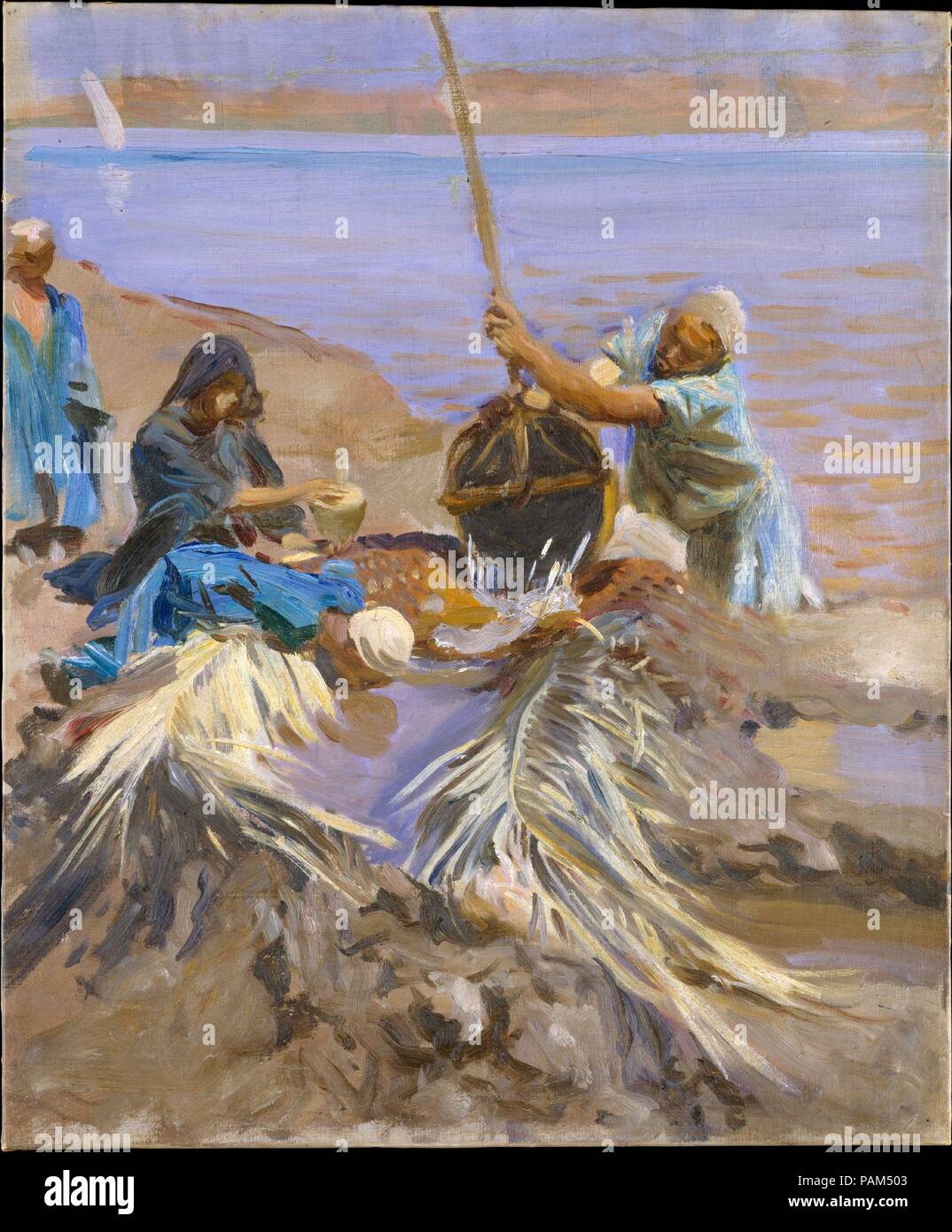 Des Egyptiens l'eau du Nil. Artiste : John Singer SARGENT (1856-1925), Florence Londres. Dimensions : 25 x 21 in. (63,5 x 53,3 cm). Date : 1890-1891. Sargent a visité le Moyen-Orient à plusieurs reprises dans le cadre d'une série de peintures murales sur le thème de l'histoire de la religion, pour laquelle il avait reçu une commission de la Bibliothèque publique de Boston en 1890. Un voyage en Egypte en 1890-1891, il peint cette toile, qui représente un homme à l'aide d'un simple dispositif d'irrigation appelé shaduf pour combler un fossé, dont d'autres sont en attente et potable pour remplir des récipients. Comme beaucoup de sa contemporarie Banque D'Images
