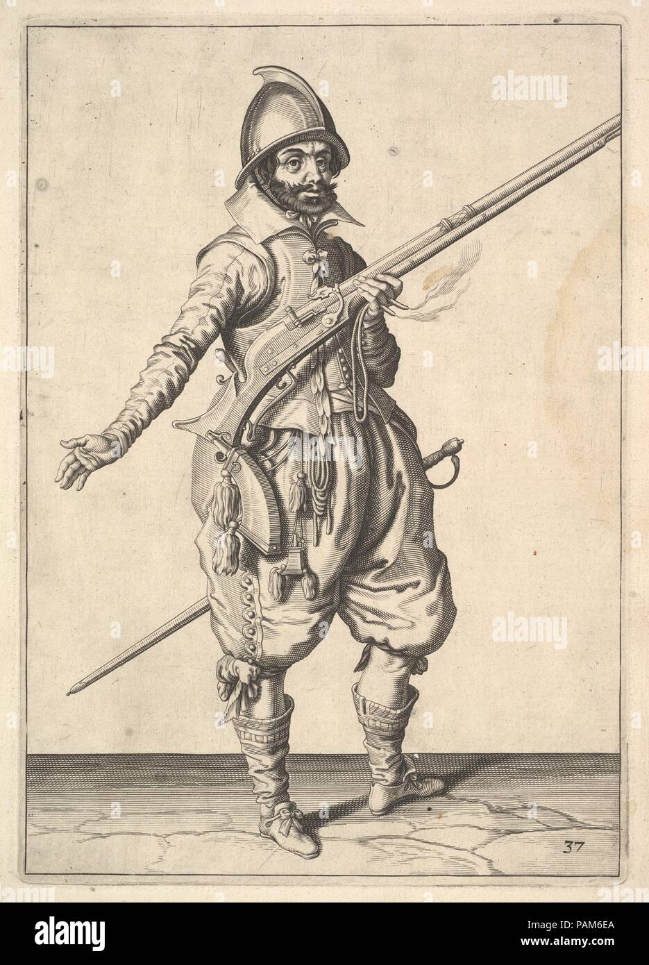 Un soldat en faction de libérer sa main droite, à partir de la série, la plaque 37 tireurs, dans Wapenhandelinghe Roers van Musquetten Ende Spiessen (l'exercice d'armes). Artiste : après Jacques de Gheyn II (Anvers, Russisch 1565-1629 La Haye) ; atelier de Jacques de Gheyn II (Anvers, Russisch 1565-1629 La Haye). Dimensions : Plateau : 10 1/4 x 7 3/16 in. (26 x 18,2 cm) : feuille 13 x 10 1/2 à 13/16. (35,1 x 26,6 cm). Series/portefeuille : Wapenhandelinghe Roers van Musquetten Ende Spiessen (l'exercice d'armes). À partir d'une série de 117 plaques numérotées à partir de l'exercice militaire "Wapenhandelinghe, manuel Banque D'Images