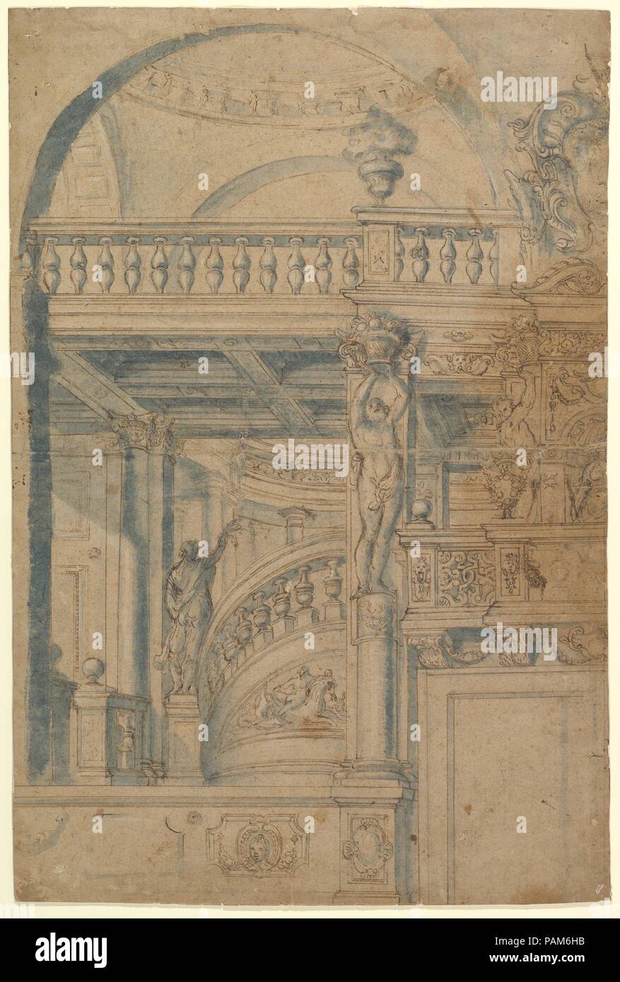 L'altitude d'un escalier et balustrade. Artiste : Anonyme, Italien, 17e siècle. Dimensions : 21 x 14 15/16 11/16 in. (55,8 x 37,3 cm). Date : le 17e siècle. Musée : Metropolitan Museum of Art, New York, USA. Banque D'Images