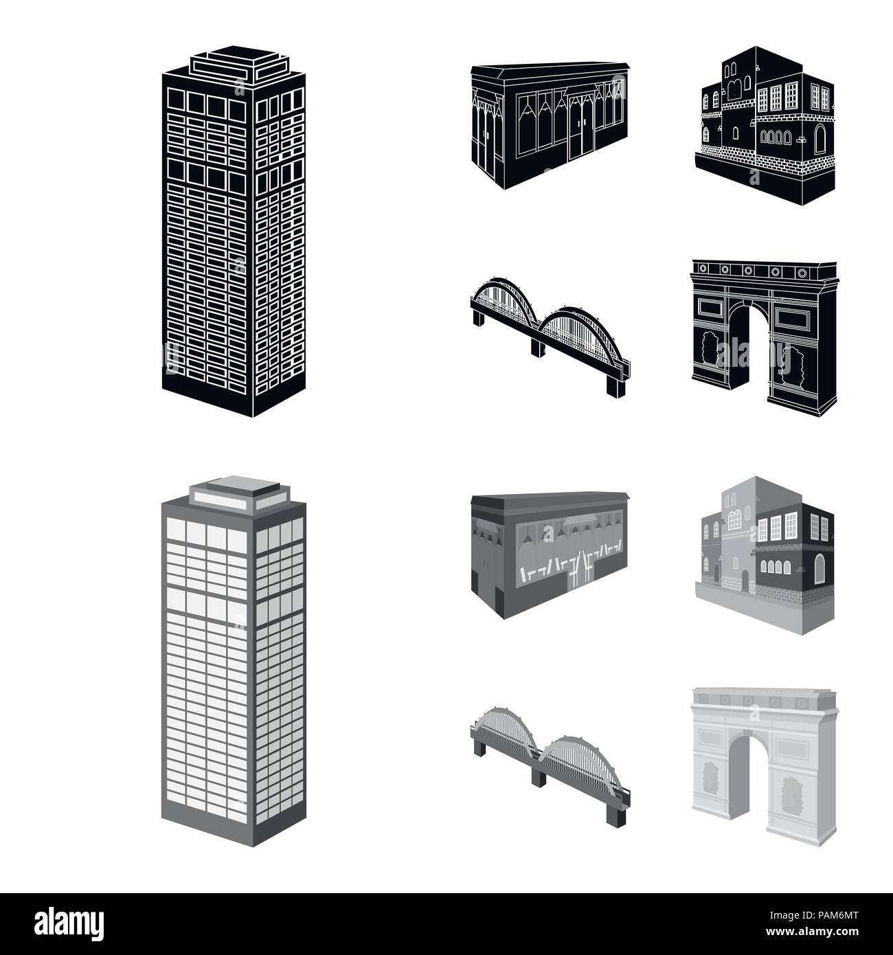 Arc de Triomphe à Paris, pont renforcé, café, Chambre de style scandinave. Bâtiment d'architecture et d'icônes de la collection black,mono Illustration de Vecteur