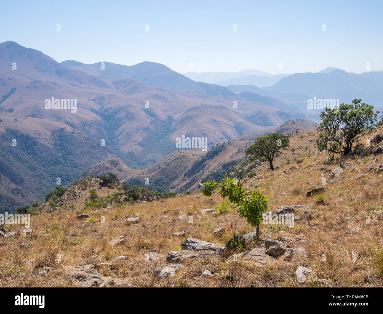 Vue panoramique sur les montagnes et le paysage sec de Malolotja Nature Reserve, au Swaziland, en Afrique australe. Malolotja Nature Reserve est l'un des plus impres Banque D'Images