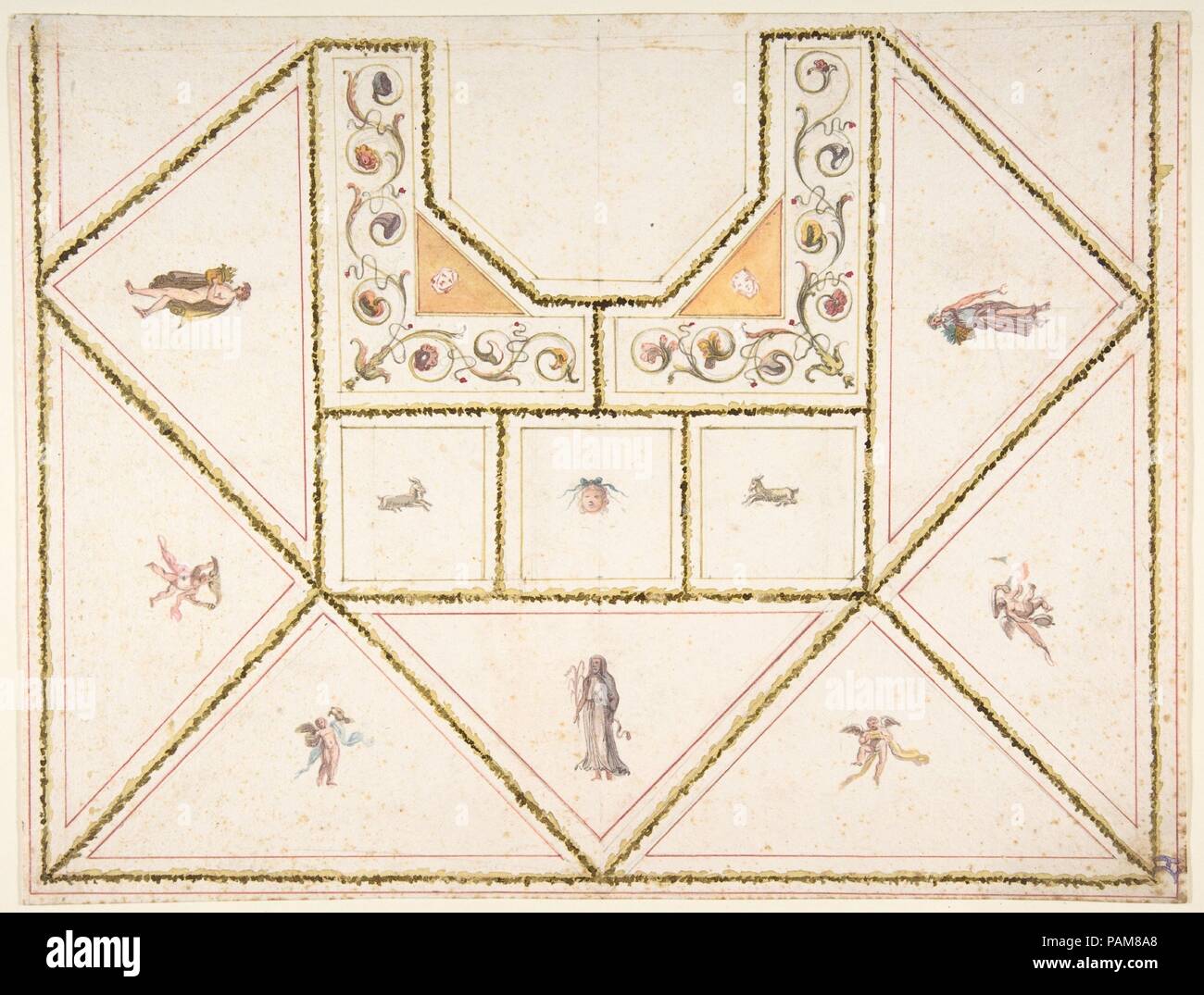 Conception pour un plafond en style Pompéiennes. Artiste : Anonyme, Italien, première moitié du xviiie siècle. Dimensions : 9 x 12 5/16 1/16 in. (23,6 x 30,7 cm). Date : le 18e siècle. Musée : Metropolitan Museum of Art, New York, USA. Banque D'Images