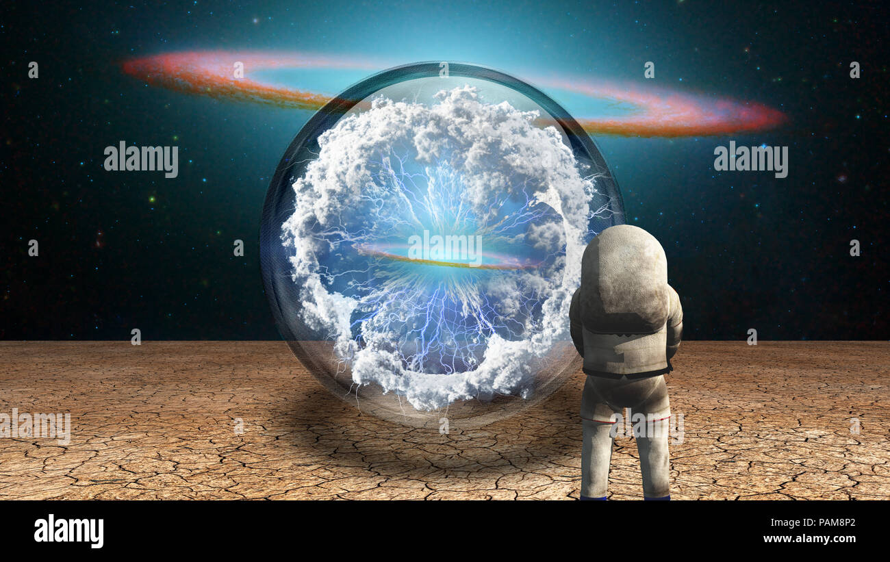 Le surréalisme. Les peuplements de l'astronaute dans les terres arides avant crystal ball avec charge d'électricité et les nuages. Banque D'Images