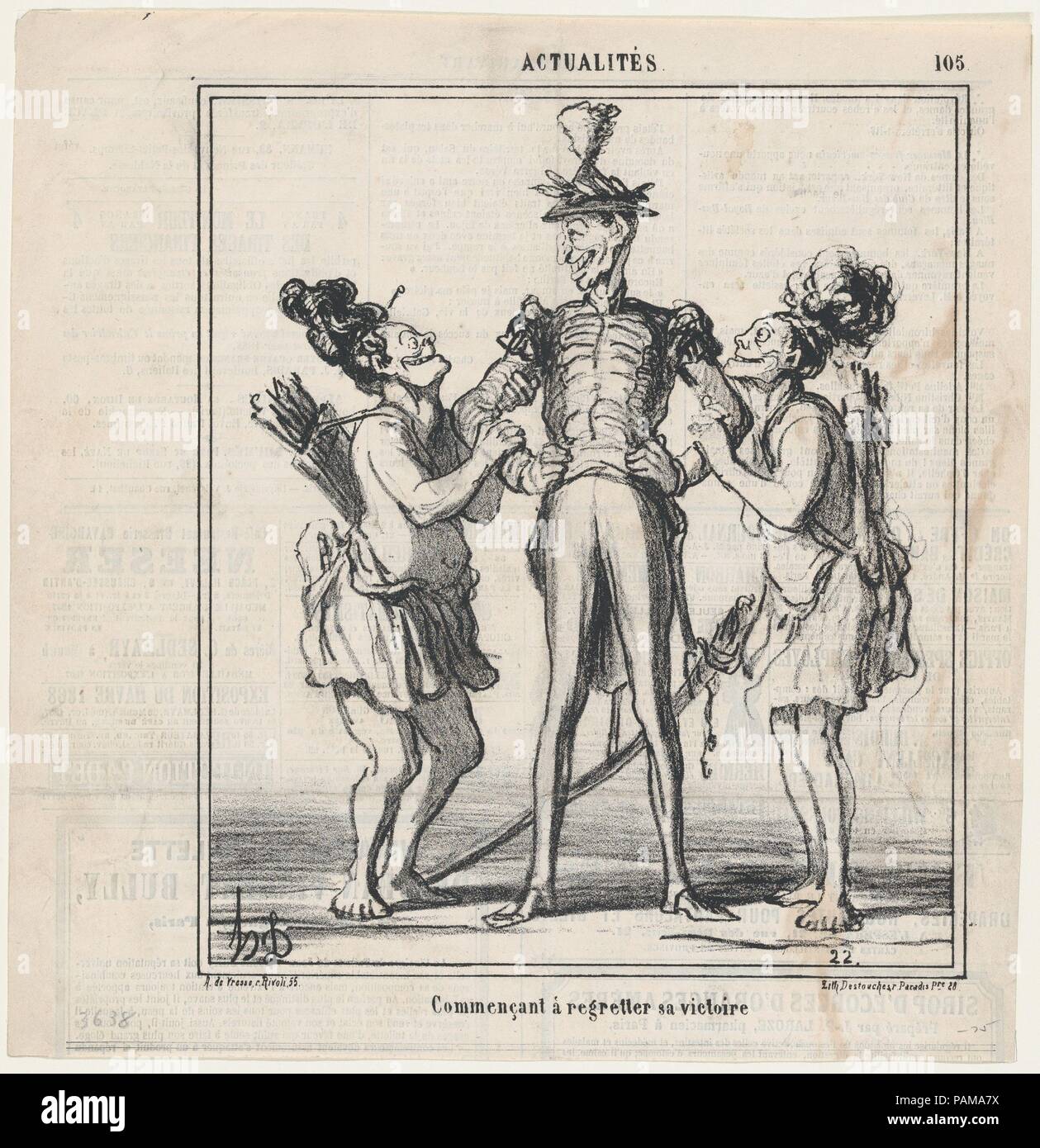 Début de regretter sa victoire, à partir de 'Nouvelles du jour", publié dans Le Charivari, le 4 mai 1868. Artiste : Honoré Daumier (Français, Marseille 1808-1879) Valmondois. Dimensions : Image : 9 1/2 x 8 1/8 in. (24,1 × 20,6 cm) feuille : 11 5/16 in. × 11 in. (28,8 × 28 cm). Imprimante : Destouches (Paris). Editeur : Arnaud de Vresse. Series/portefeuille : "Nouvelles du jour" (Actualités). Date : 4 mai 1868. Musée : Metropolitan Museum of Art, New York, USA. Banque D'Images