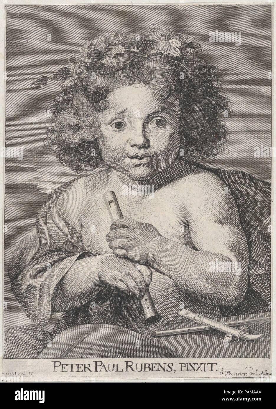 Le jeune Bacchus, tenant une flûte. Artiste : Après Peter Paul Rubens (Siegen, flamand 1577-1640 Anvers) ; Joseph Anton von Prenner (autrichienne, Wallerstein 1683-1761 Vienne). Fiche Technique Dimensions : (découpés) : 1/16 9 × 6 7/16 in. (23 × 16,4 cm). Date : 1728. Musée : Metropolitan Museum of Art, New York, USA. Banque D'Images