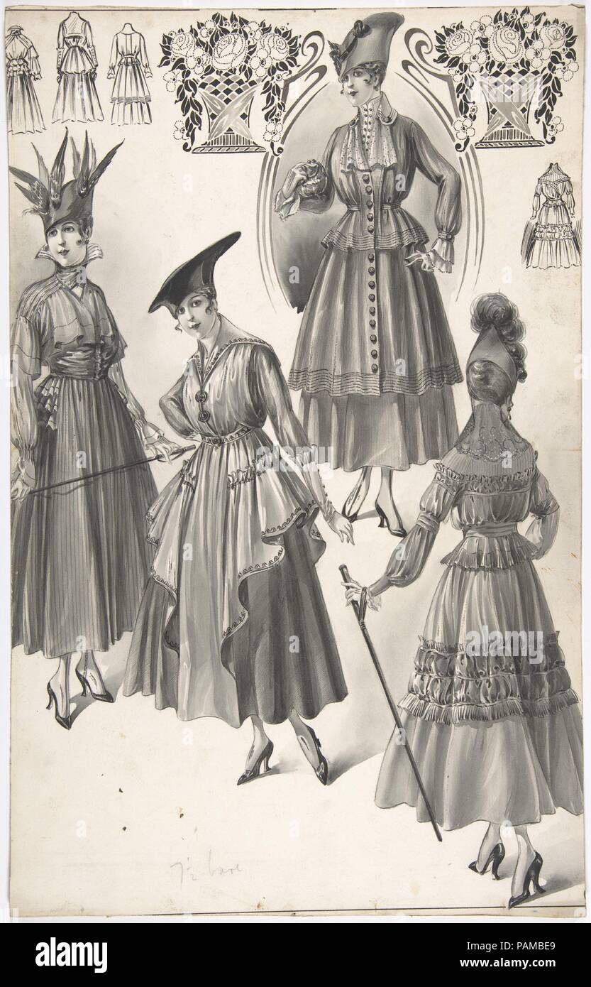 Quatre modèles de robes de femmes avec des jupes. Artiste : attribuée à A. Foa (Français, 1900-1918) active. Fiche technique : Dimensions : 16 x 10 7/8 à 15/16. (43 x 27,6 cm). Date : ca. 1915. Musée : Metropolitan Museum of Art, New York, USA. Banque D'Images