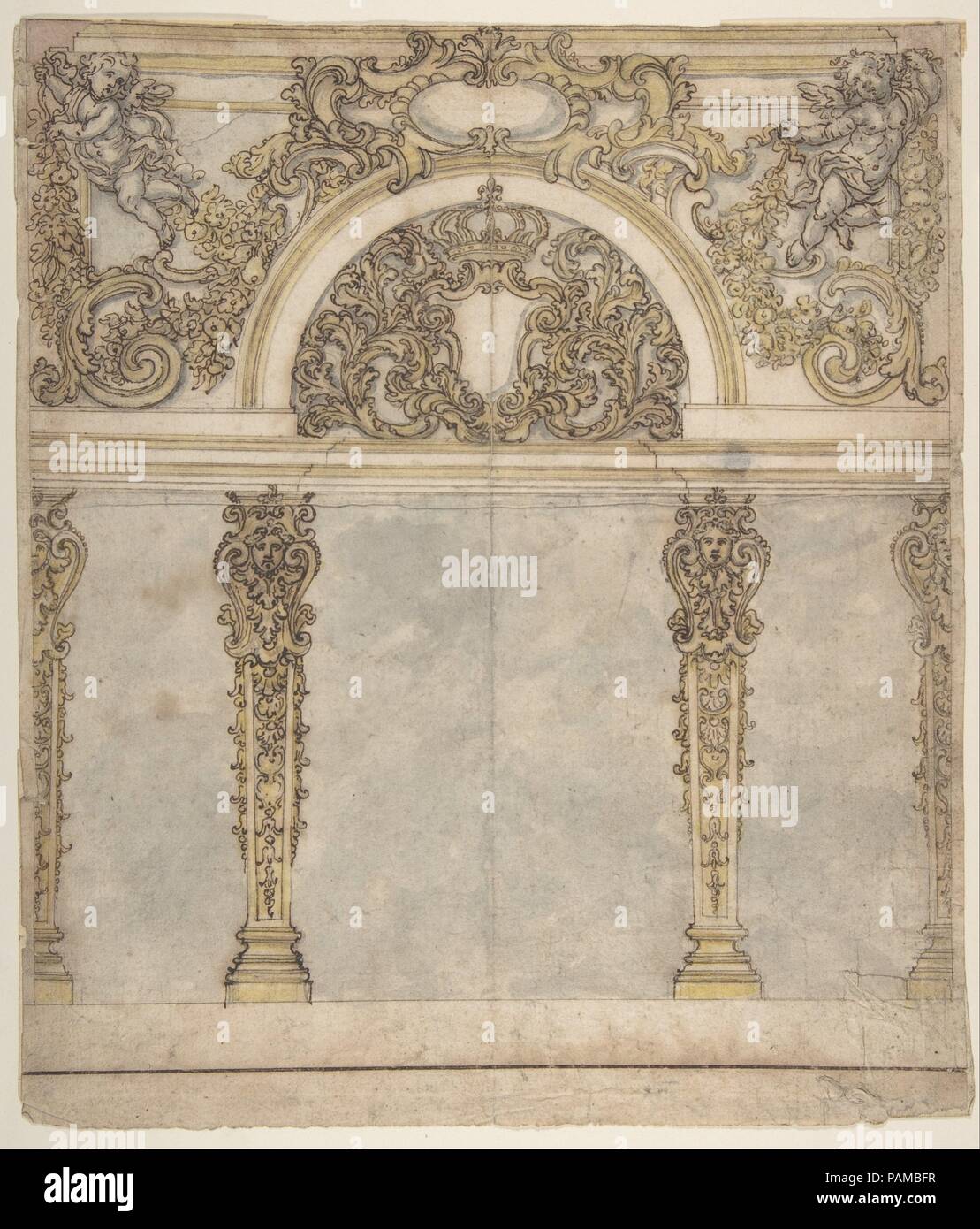 Conception pour une alcôve avec des armoiries flanqué de Putti portant une couronne, soutenu par des pilastres avec des têtes humaines dans les capitales. Artiste : Giovanni Battista Foggini (Italien, Florence Florence 1652-1725). Fiche technique : Dimensions : 11 3/4 x 9 5/16 in. (28,7 x 24,8 cm). Date : 1652-1725. Musée : Metropolitan Museum of Art, New York, USA. Banque D'Images