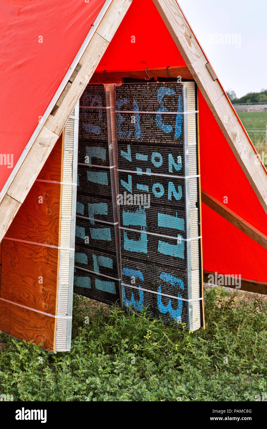 Logement productif contenant des cavités artificielles pour nids sur des planches de nidification. Leafcutter Bees 'Megachile rotundata Fab.'. Banque D'Images