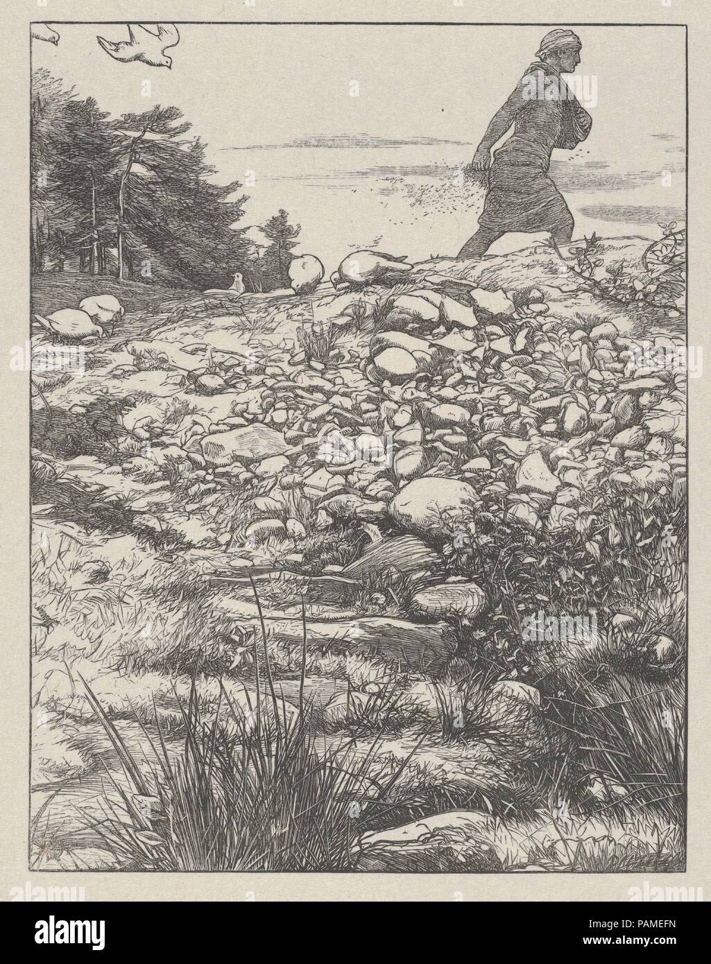 Le Semeur (Les Paraboles de notre Seigneur et Sauveur Jésus Christ). Artiste : D'après sir John Everett Millais (British, Southampton 1829-1896 Londres). Dimensions : image : 5 1/2 x 4 5/16 in. (13,9 x 10,9 cm) : Feuille 7 x 5/16 6 1/16 in. (18,6 x 15,4 cm). Graveur : Dalziel Brothers (britannique, 1839-1893) active. Date : 1864. Il a fallu sept ans pour concevoir Millais vingt images inspirées par des paraboles du Nouveau Testament pour le Dalziel Brothers, et les tirages sont considérés comme bois de pinacles illustration gravée. L'artiste a écrit à ses éditeurs, 'Je peux faire des dessins ordinaires aussi rapidement que la plupart des hommes, mais t Banque D'Images