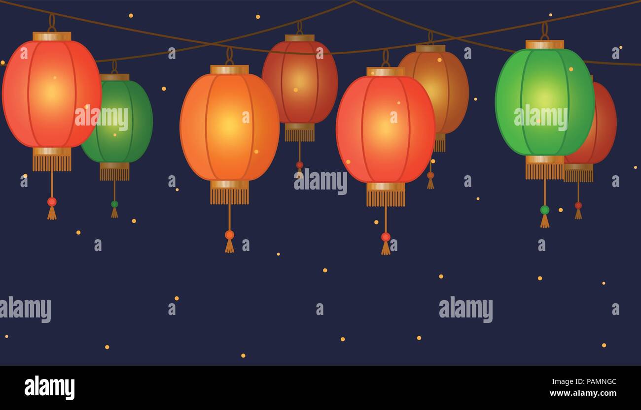 Chinese lantern Garland, papier traditionnel asiatique coloré chaîne lampes sur fond sombre, fairy lights avec des étincelles, le pied et la bannière pour la décoration, vector illustration Illustration de Vecteur