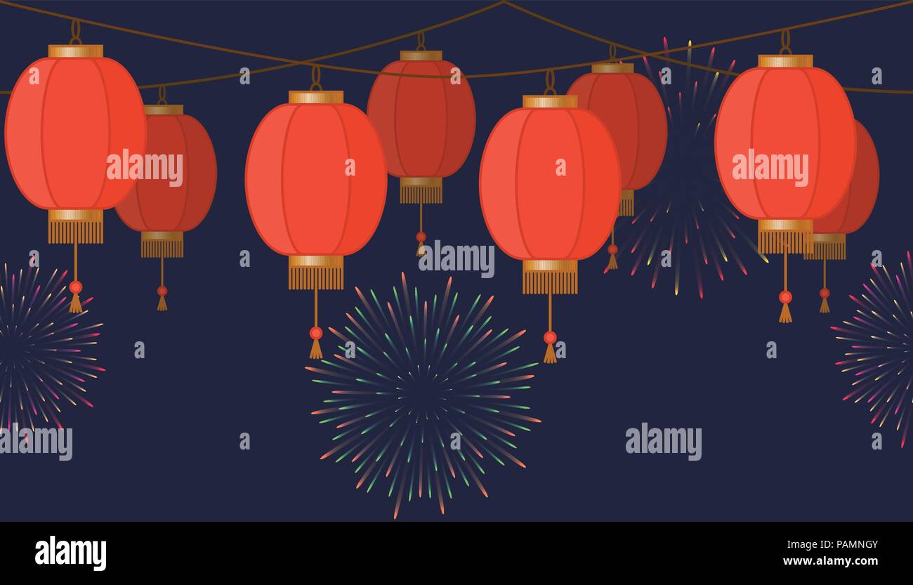 Garland avec lanterne chinoise rouge, la chaîne traditionnelle asiatique lampes papier sur fond sombre, fairy lights avec Fireworks, le pied et la bannière pour la décoration, vector illustration Illustration de Vecteur