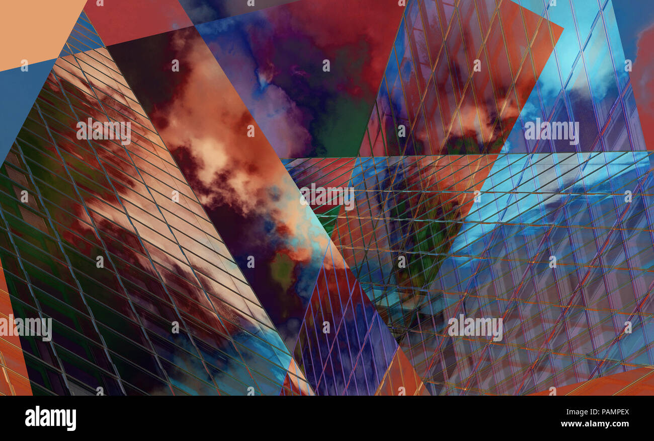 Art de fond numérique réalisés avec la technique de collage de photos. Les nuages et l'architecture moderne sont utilisés dans les triangles et formes trapèze. Banque D'Images