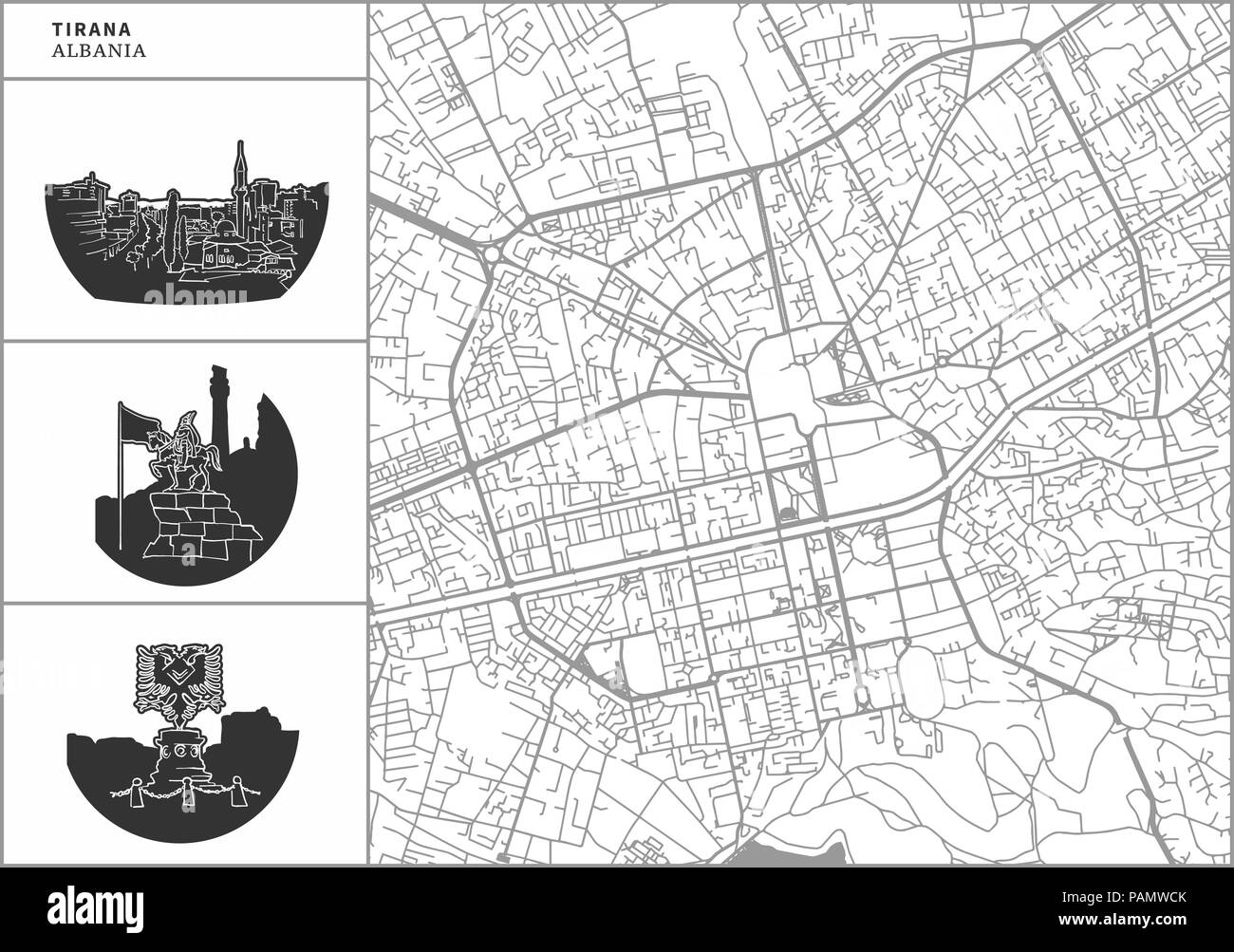 Plan de la ville de Tirana avec les icônes de l'architecture dessinée à la main. Tous les drawigns, la carte et l'arrière-plan séparés pour faciliter le changement de couleur. Le repositionner facilement dans le vector ver Illustration de Vecteur