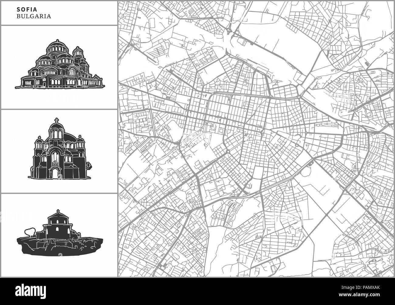 Carte de la ville de Sofia avec des icônes de l'architecture dessinée à la main. Tous les drawigns, la carte et l'arrière-plan séparés pour faciliter le changement de couleur. Le repositionner facilement dans le vector vers Illustration de Vecteur
