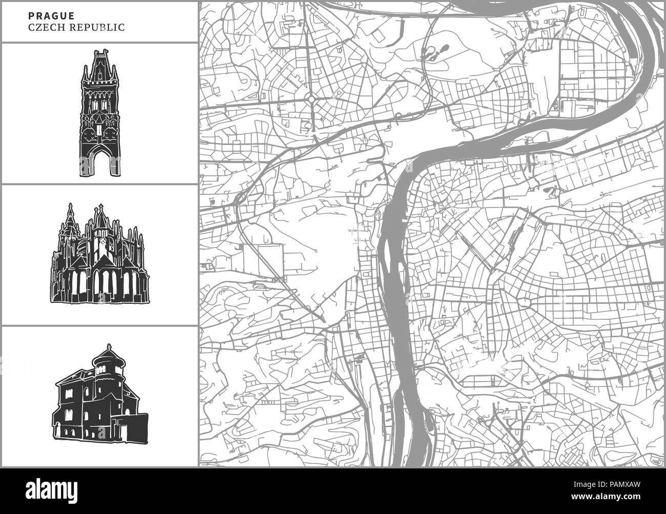 Plan de la ville de Prague avec des icônes de l'architecture dessinée à la main. Tous les drawigns, la carte et l'arrière-plan séparés pour faciliter le changement de couleur. Le repositionner facilement dans le vector ver Illustration de Vecteur