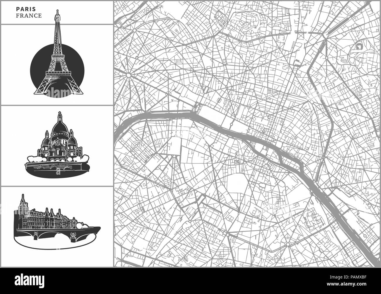 Plan de la ville de Paris avec les icônes de l'architecture dessinée à la main. Tous les drawigns, la carte et l'arrière-plan séparés pour faciliter le changement de couleur. Le repositionner facilement dans le vector vers Illustration de Vecteur