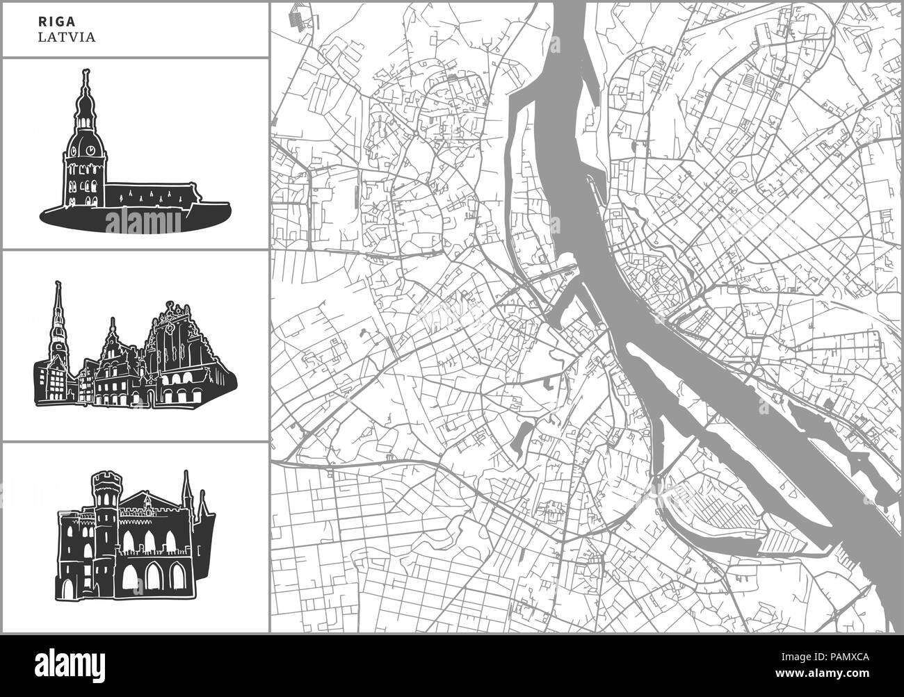 Carte de la ville de Riga avec icônes de l'architecture dessinée à la main. Tous les drawigns, la carte et l'arrière-plan séparés pour faciliter le changement de couleur. Le repositionner facilement dans le vector versión Illustration de Vecteur