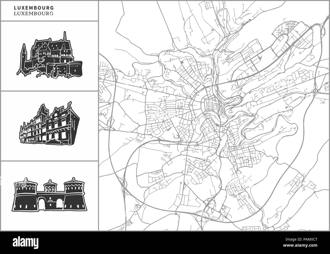 Plan de la ville de Luxembourg avec les icônes de l'architecture dessinée à la main. Tous les drawigns, la carte et l'arrière-plan séparés pour faciliter le changement de couleur. Le repositionner facilement dans le Vector Illustration de Vecteur