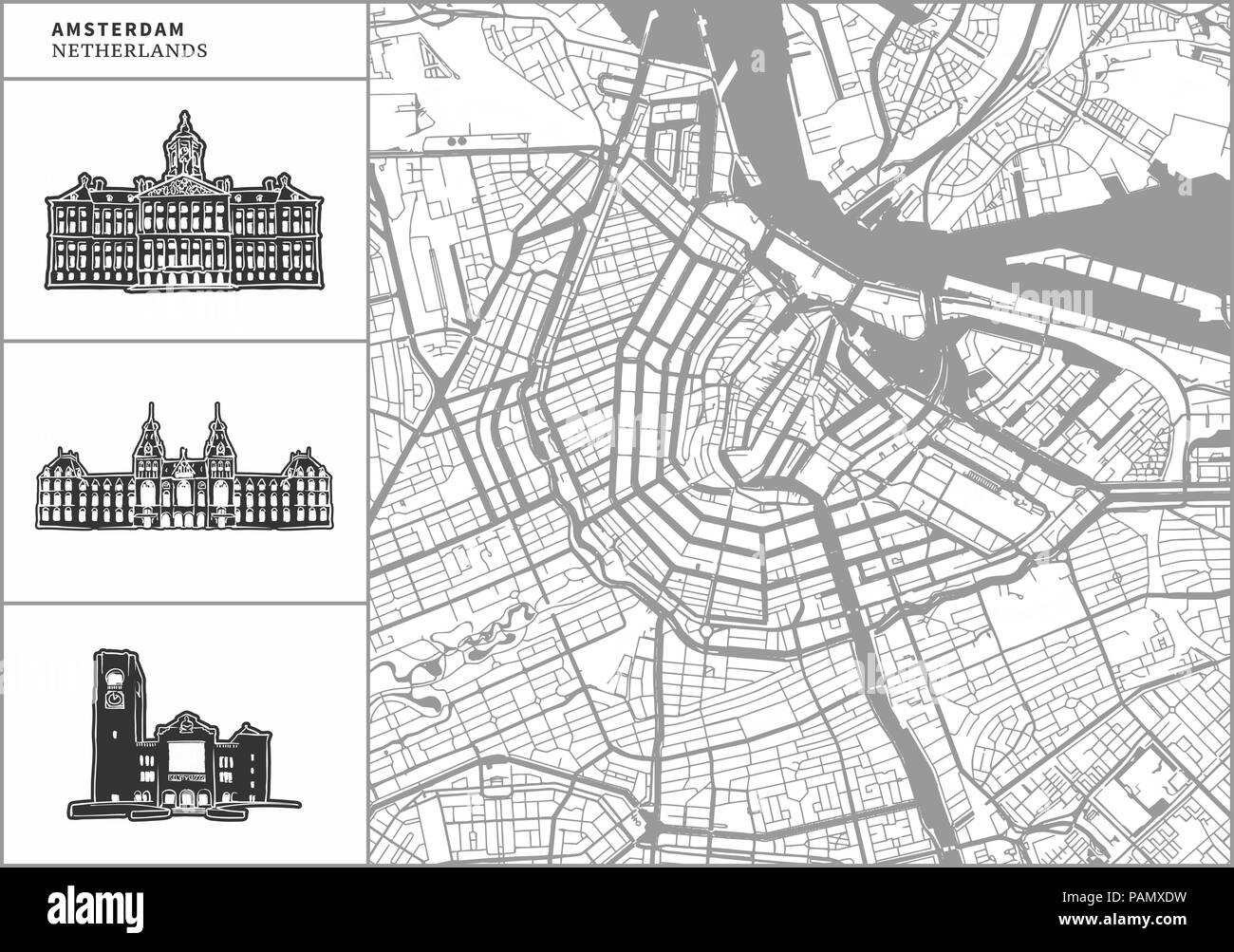 Plan de la ville d'Amsterdam avec des icônes de l'architecture dessinée à la main. Tous les drawigns, la carte et l'arrière-plan séparés pour faciliter le changement de couleur. Le repositionner facilement dans le Vector Illustration de Vecteur