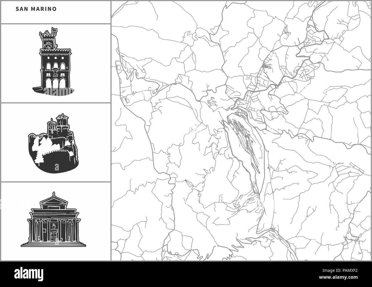 Plan de la ville de Saint-Marin avec icônes de l'architecture dessinée à la main. Tous les drawigns, la carte et l'arrière-plan séparés pour faciliter le changement de couleur. Le repositionner facilement dans le Vector Illustration de Vecteur