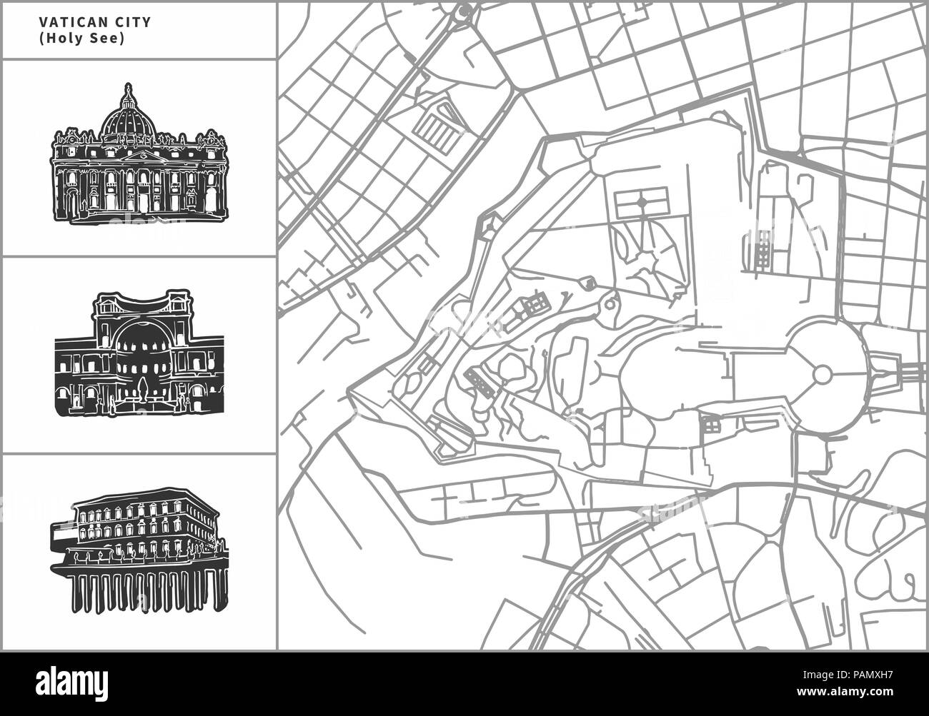 Plan de la ville du Vatican avec les icônes de l'architecture dessinée à la main. Tous les drawigns, la carte et l'arrière-plan séparés pour faciliter le changement de couleur. Le repositionner facilement dans le vector ve Illustration de Vecteur