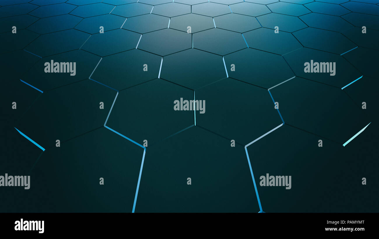 Abstract Blue de surface modèle hexagonal futuriste avec les rayons lumineux. Le Rendu 3D Banque D'Images