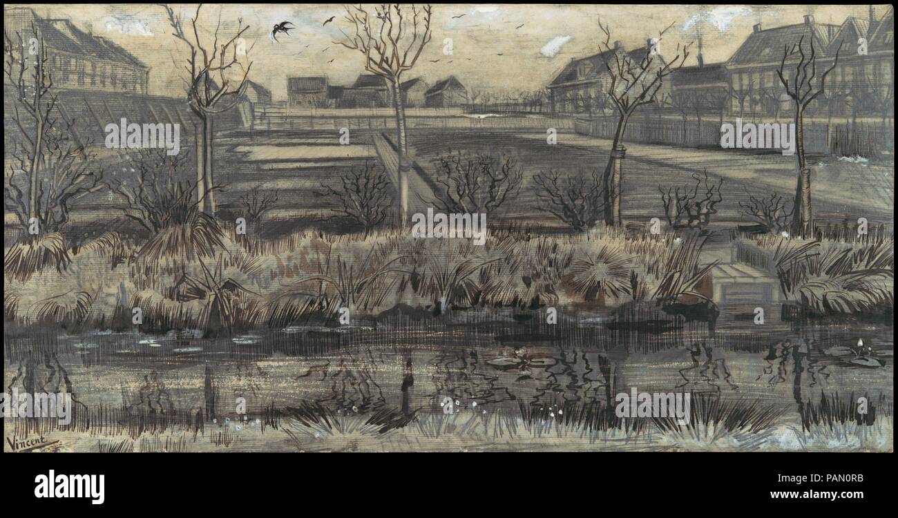 Nursery sur Schenkweg. Artiste : Vincent van Gogh (Néerlandais, Zundert 1853-1890 Auvers-sur-Oise). Dimensions : 11 5/8 x 23 1/16 po. (29,6 x 58,5cm). Date : avril-mai 1882. Van Gogh's première commission est venue de son oncle Cornelis Marinus, un marchand d'art, pour les dessins de vues de la Haye, où il vivait alors. Cette grande vue d'une crèche à proximité de Van Gogh's studio était parmi ceux qu'il a envoyé à Marinus en mai 1882. Musée : Metropolitan Museum of Art, New York, USA. Banque D'Images
