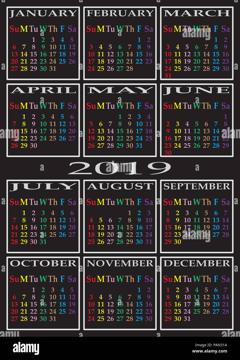 Calendrier 19 Sur Fond Noir Avec Une Couleur Pour Chaque Jour De La Semaine Image Vectorielle Stock Alamy Calendrier 19 Sur Fond Noir Avec Une Couleur Pour Chaque Jour De La Semaine Image Vectorielle Stock Alamy