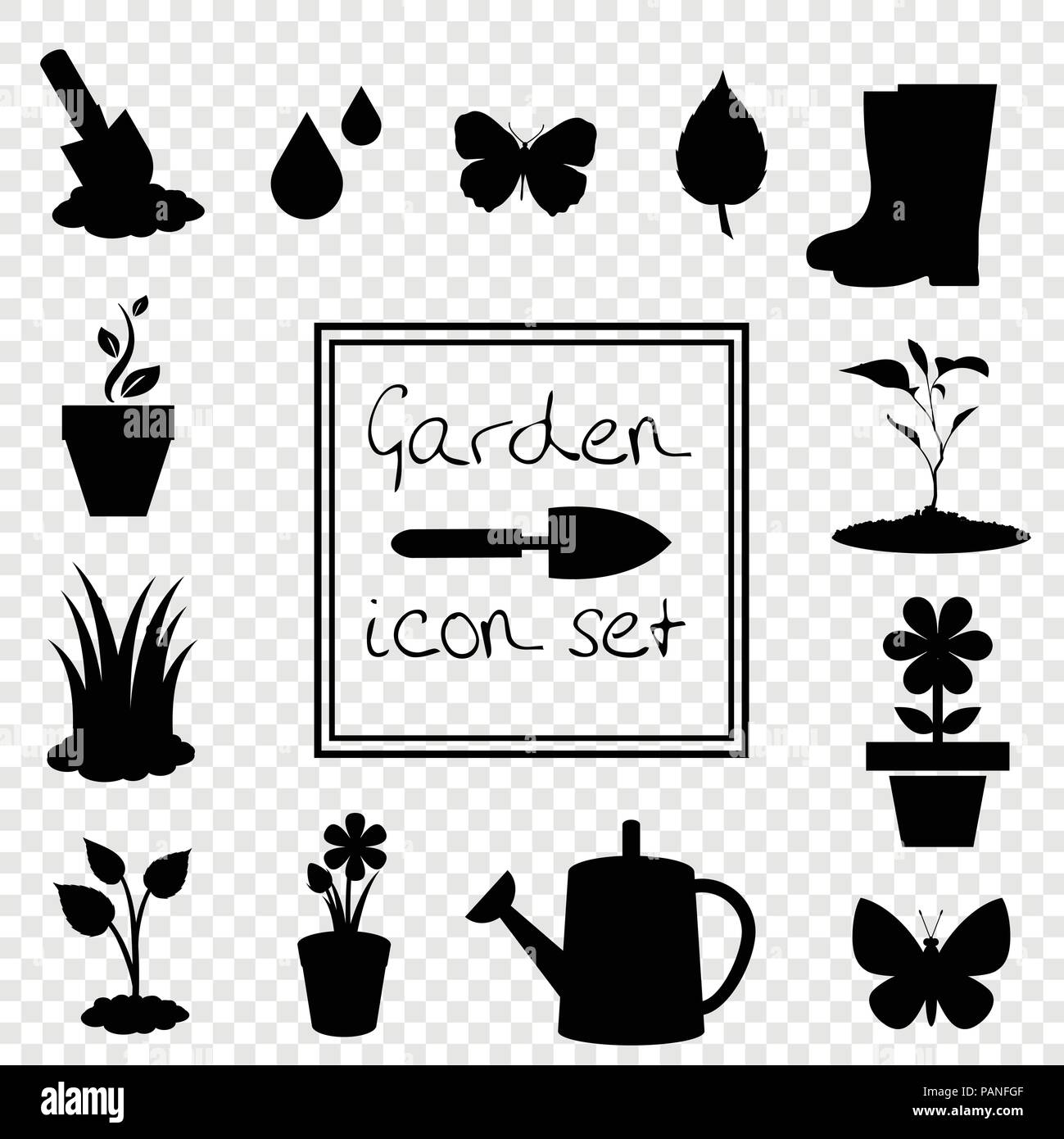 Icons set jardinage isolé sur fond transparent. Silhouettes noires des illustrations vectorielles, des icônes, des signes, des modèles de conception. Illustration de Vecteur