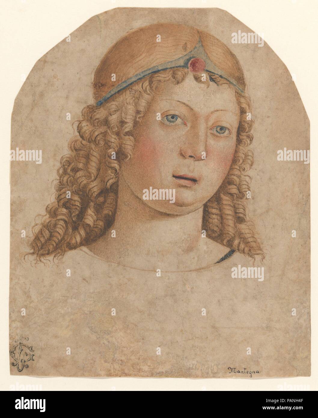 Tête d'un jeune d'un diadème. Artiste : Cristoforo Caselli (1460-1521) ( ?). Culture : l'italien. Dimensions : 6 x 5 5/8 à 15/16. (17,6 x 14,3 cm). Date : fin 15ème-début du 16e siècle. Caselli, un peintre à Parme, a travaillé aux côtés de Giovanni Bellini et Alvise Vivarini et d'autres peintres de 1489 à 1495 la décoration de la grande salle du Conseil au Palais des Doges à Venise (1577) détruit. Comme Caselli n'est pas connu en tant que dessinateur, cette feuille fine est attribué sur la base d'une comparaison avec ses peintures. L'aquarelle bleue et rouge accentue la modélisation de la tête, avec sa Banque D'Images