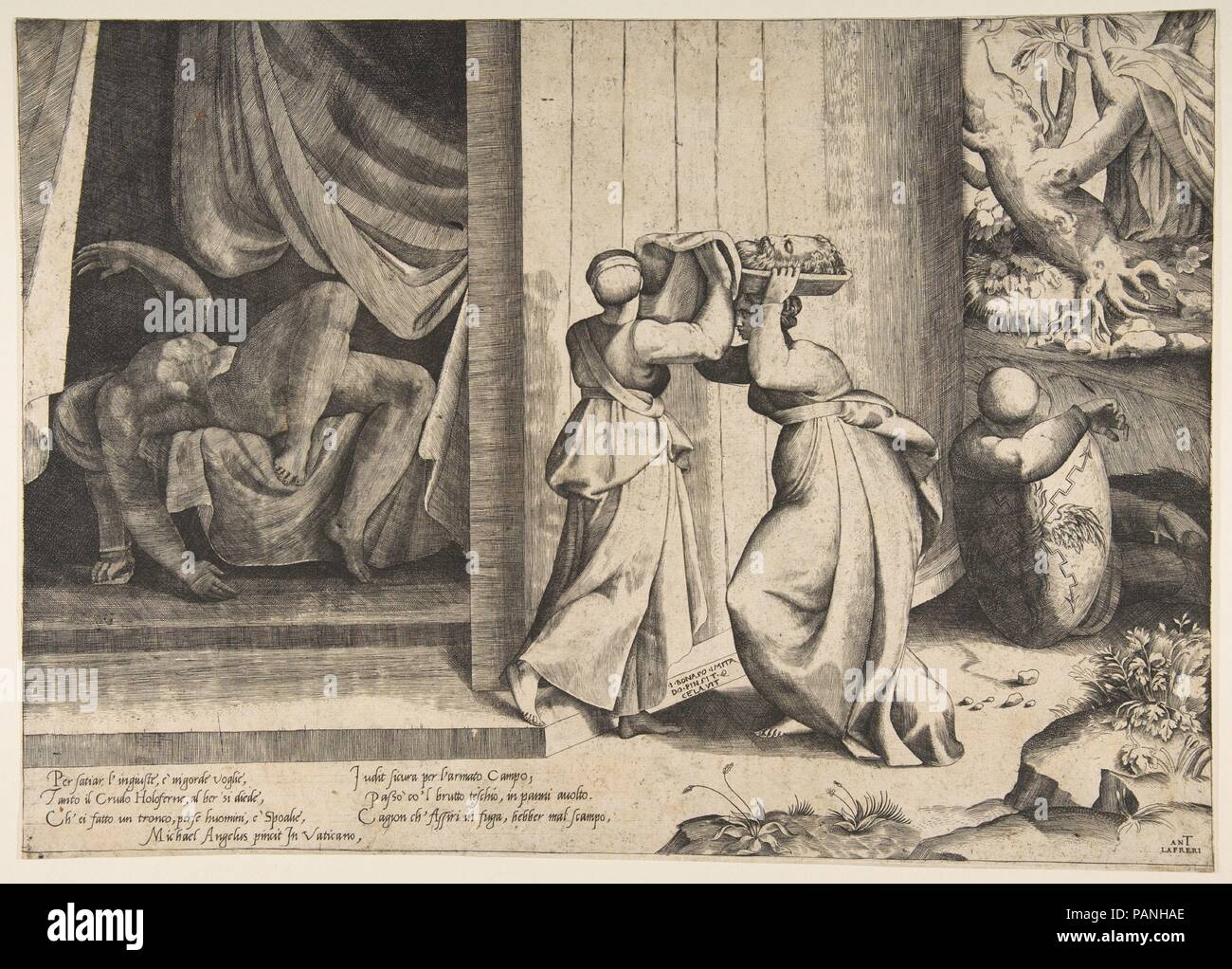 Judith passant la tête d'Holopherne à sa servante, l'Holopherne décapité à l'intérieur de la tente à gauche. Artiste : Après Michelangelo Buonarroti (Italien, Caprese 1475-1564 Rome) ; Giulio Bonasone (Italien, actif à Rome et Bologne, 1531-après 1576). Fiche Technique : Dimensions : 12 5/8 x 17 3/8 in. (31,5 x 44,8 cm). Editeur : Antonio Lafreri (Français, Orgelet, Franche-Comté, ca. Rome 1512-1577). Date : 1531-76. Musée : Metropolitan Museum of Art, New York, USA. Banque D'Images