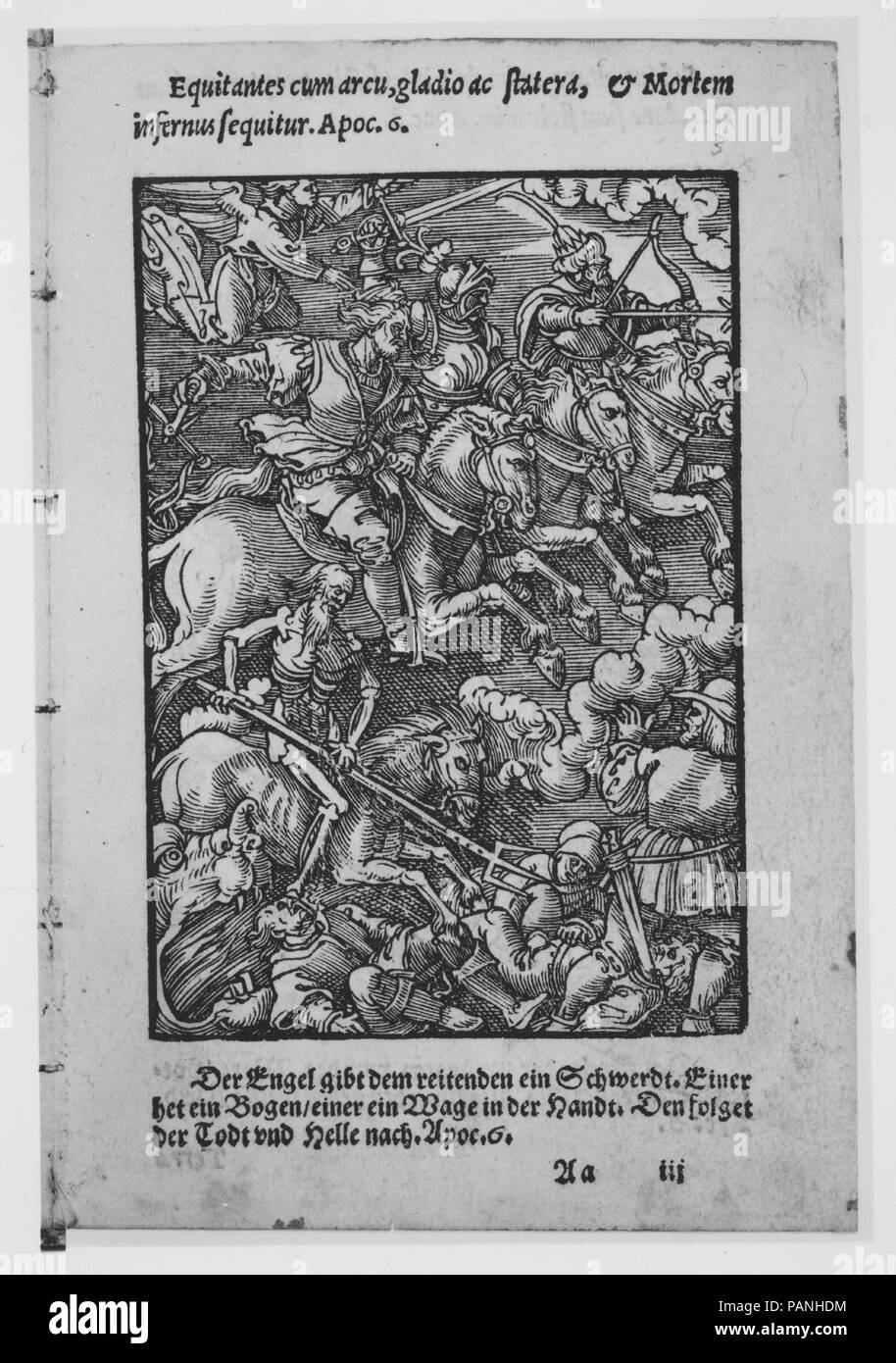 Apocalypsis S. Ioannis/ Die Offenbarung S. Johannis. Artiste : Hans Brosamer (allemand, actif en 1536, probablement décédé en 1552). Dimensions : hors tout : 5 11/16 x 15/16 x 3 3/16 in. (14,4 x 10 x 0,5 cm). Imprimante : Imprimé par Gülfferich Hermann (1542-1554). Date : 1553. Musée : Metropolitan Museum of Art, New York, USA. Banque D'Images