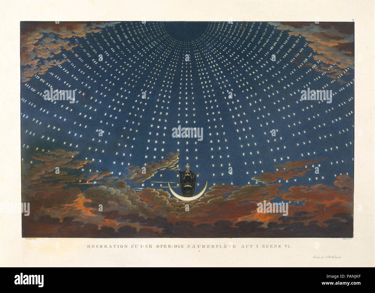 Conception pour la Flûte enchantée : la salle d'étoiles dans le Palais de la Reine de la nuit, Acte 1, scène 6. Artiste : Après Karl Friedrich Schinkel (allemand, Neuruppin 1781-1841 Berlin) ; Karl Friedrich Thiele (allemand, 1780-1836). Dimensions : image : 9 x 13 3/4 in. (22,8 x 35 cm) plaque : 11 3/16 x 15 3/4 in. (28,4 x 40 cm) Fiche technique : 13 13/16 x 20 3/16 po. (35,1 x 51,2 cm). Editeur : Publié par Ludwig Wilhelm Wittich (allemand, 1773-1832). Date : 1847-49. Schinkel, le plus célèbre et prolifique architecte allemand du dix-neuvième siècle, a travaillé pour le théâtre de Berlin. Ses dessins pour Banque D'Images