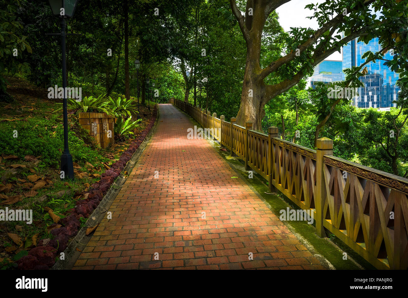 L'éclairage dramatique sur le chemin de brique de Fort Canning Park, Singapore Banque D'Images