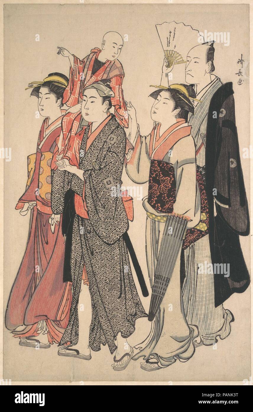 V Ichikawa Danjuro et sa famille. Artiste : Torii Kiyonaga (japonais, 1752-1815). Culture : le Japon. Dimensions : 15 1/4 x 10 in. (38,7 x 25,4 cm). Date : 1782. Kiyonaga illustre Danjuro V et sa famille la visite d'un lieu de culte. Le fils d'Ebizo Danjuro, l'avenir Danjuro VI, est porté sur l'épaule de Ichikawa Danjuro, Masugoro's élève. La crête de famille caractéristique Danjuro trois carrés imbriqués (mimasu) sont dispersées dans le kimono du fils et, combinée avec le caractère rendez-vous (5), se superpose à l'ensemble de la masse du Masugoro kimono. Le père porte une veste noire avec un autre officiel Danjuro Banque D'Images