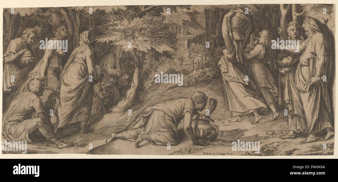 Le Isralelites fuyant l'Egypte avec Moïse à droite s'étendant sa main droite et avec une femme portant une urne se prosternent devant lui. Artiste : Cherubino Alberti (Zaccaria Mattia) (Italien, Borgo Sansepolcro 1553-1615 Rome) ; Après Polidoro da Caravaggio (Italien, Caravage ca. 1499-ca. 1543 Messine). Fiche Technique : Dimensions : 7 1/16 × 15 15/16 in. (18 × 40,5 cm). Date : 1576. Musée : Metropolitan Museum of Art, New York, USA. Banque D'Images