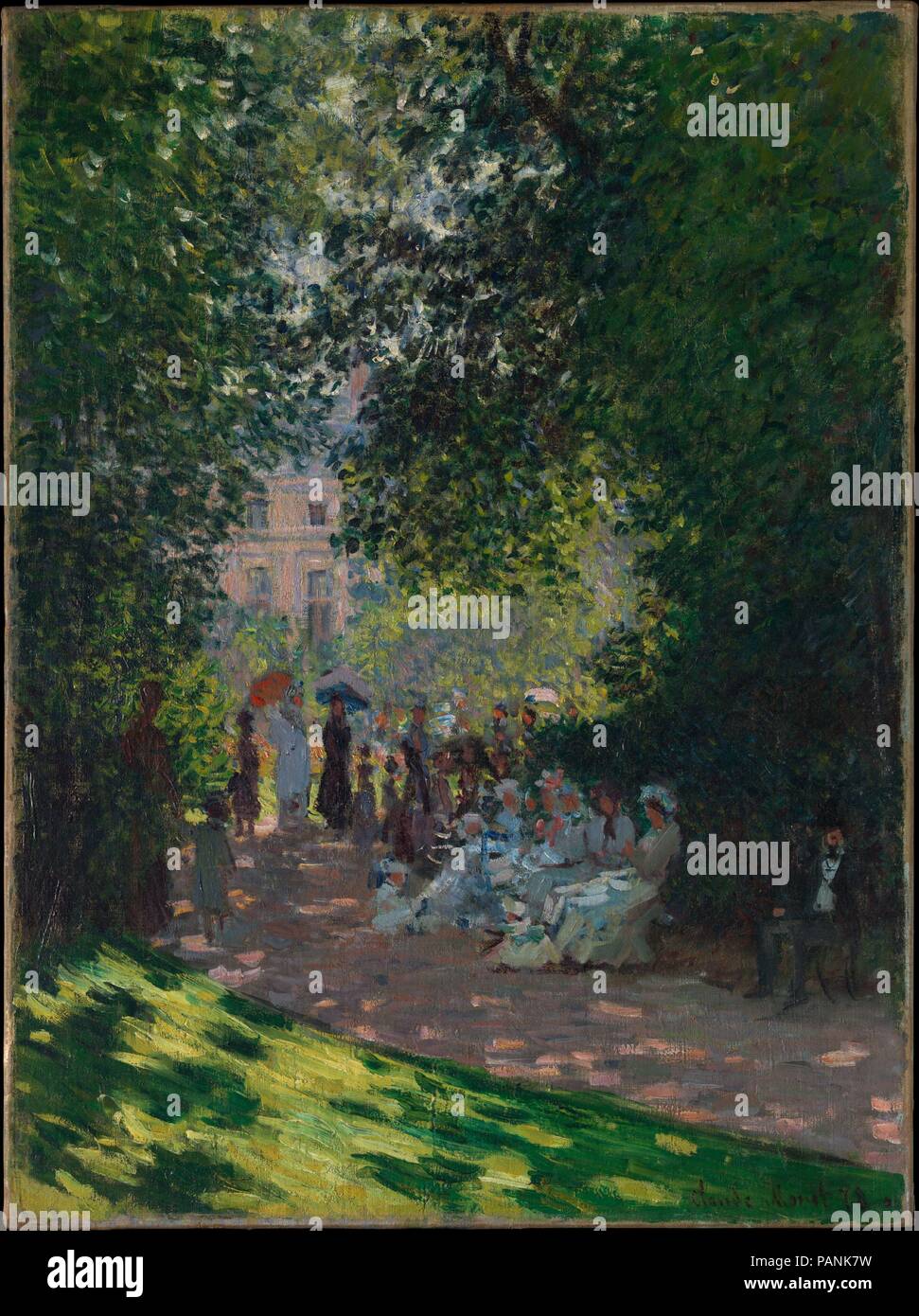 Le Parc Monceau. Artiste : Claude Monet (français, Paris 1906-1957 Giverny). Dimensions : 28 5/8 x 21 3/8 in. (72,7 x 54,3 cm). Date : 1878. Monet peint six vues du Parc Monceau : trois en 1876 et trois en 1878. Dans cette toile, la disposition de la lumière et l'ombre au premier plan, les motifs des feuilles, et les grandes lignes commencent à se développer dans les zones de fort contraste suggèrent que Monet avait déjà commencé à expérimenter avec l'audace de motifs en deux dimensions qui caractérisent son travail des années 1880 et 1890. Musée : Metropolitan Museum of Art, New York, USA. Banque D'Images