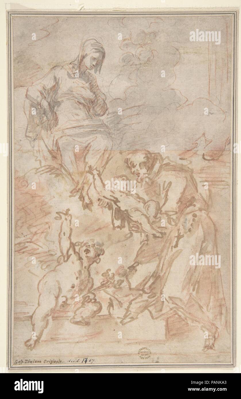 La Vierge de confier l'Enfant Jésus à Saint François d'assise. Artiste : attribuée à Francesco Fontebasso (italien, 1689-1767) Venise Belluno ?. Dimensions : 11 x 7 5/16 9/16in. (28,8 x 19,2 cm). Date : 1689-1767. Musée : Metropolitan Museum of Art, New York, USA. Banque D'Images