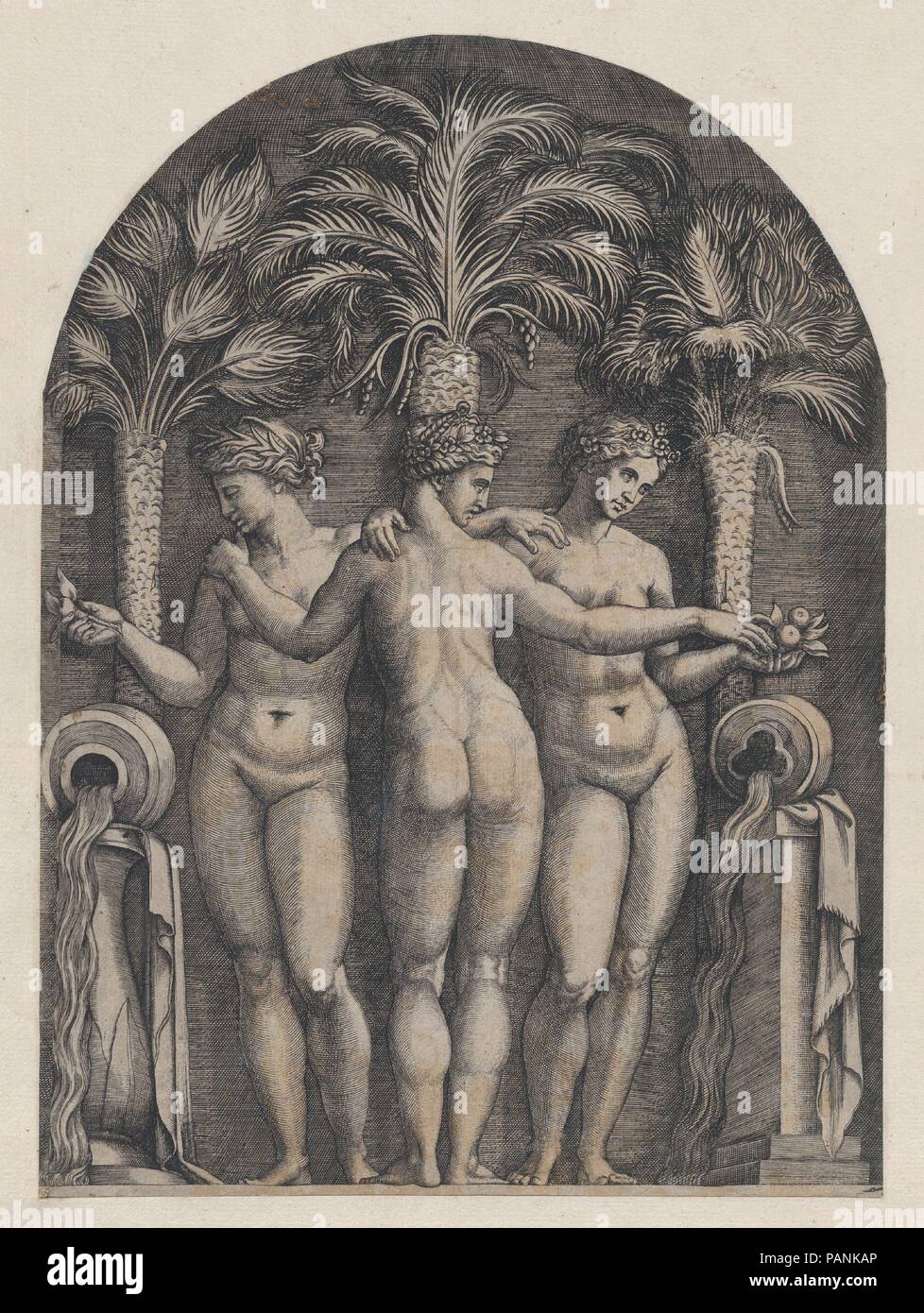 Speculum Romanae Magnificentiae : Les trois grâces. Artiste : Marcantonio Raimondi (Italien, Argini ( ?) ca. 1480-avant 1534 Bologna ( ?)) ; Après Raphael (Raffaello Sanzio ou Santi) (Italien, Urbino 1483-1520 Rome). Dimensions : support : 16 x 11 7/8 à 7/16. 41,8 x 30,2 cm (feuille) : 11 5/8 x 8 in. (29,6 x 20,3 cm). Series/portefeuille : Speculum Romanae Magnificentiae. Date : ca. 1500-1534. Cette impression vient de la copie du musée du Speculum Romanae Magnificentiae (le miroir de la Magnificence romaine) Le Speculum a trouvé son origine dans le secteur de l'édition s'efforce d'Antonio Salamanca et Antonio Lafreri. Rum Banque D'Images