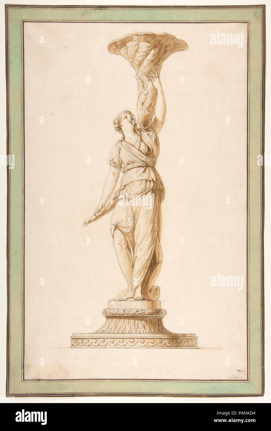 Conception pour une torchère. Artiste : Jean Jacques François Le Barbier (Français, Rouen 1738-1826 Paris). Fiche Technique : Dimensions : 18 1/2 x 12 3/16 po. (47 × 31 cm). Date : ca. 1770-90. Cette conception d'une torchère a été faite par l'artiste Le Barbier. Il est surtout connu pour ses tableaux et illustrations qui reflètent l'instabilité politique et les révolutions en Amérique du Nord et en Europe au cours des dernières décennies du 18e siècle. L'un de ses plus célèbres œuvres est sans doute le panneau avec la Déclaration des droits de l'homme et des citoyens qu'il l'avait été décrété par l'Assemblée nationale en 1789 et accepté par Kin Banque D'Images
