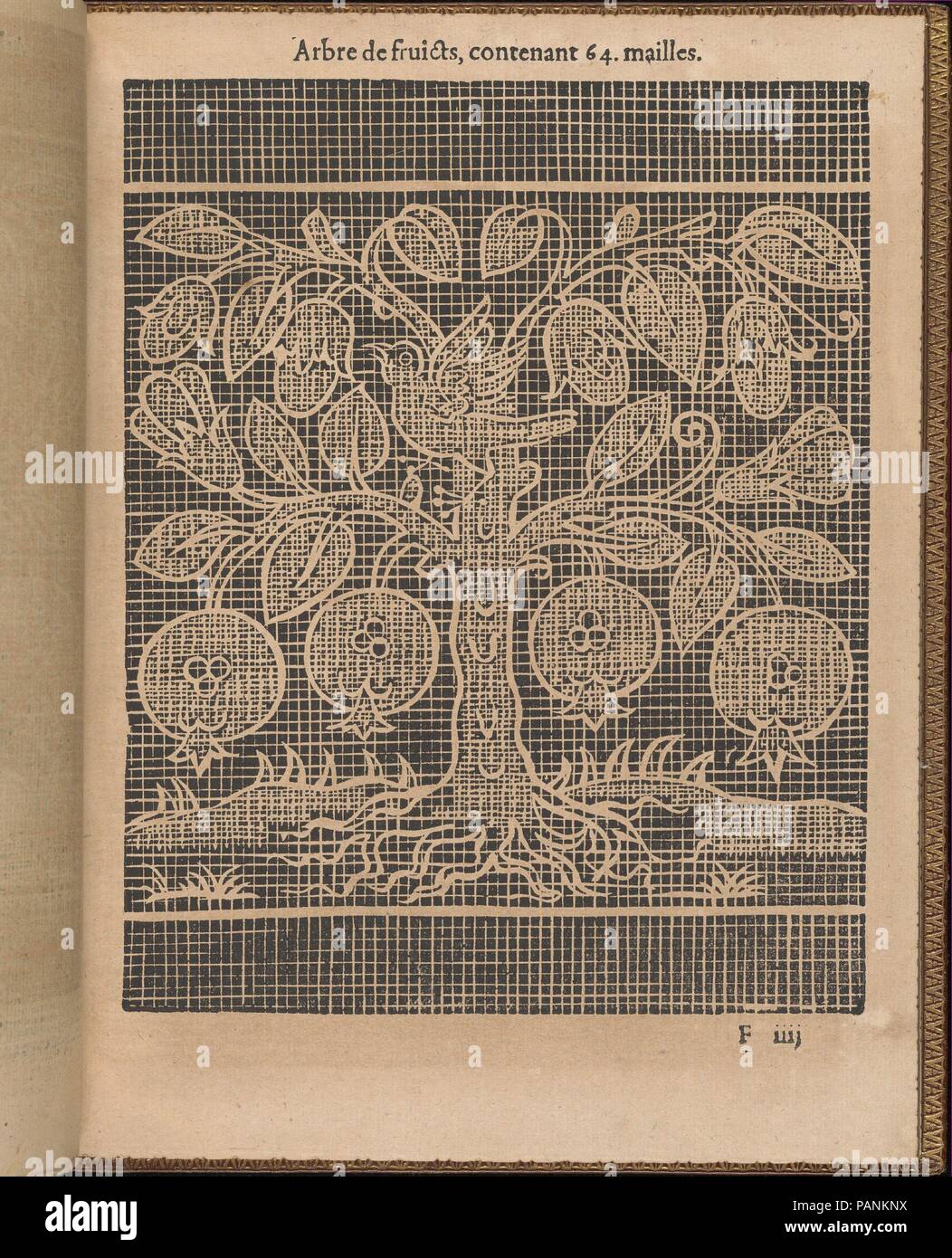 La pratique de l'aiguille, page 23 (recto). Auteur : Matthias Mignerak. Dédicataire : dédiée à Marie de Médicis (Florence 1575-1642 Colgne). Dimensions : hors tout : 9 1/4 x 7 1/16 in. (23,5 x 18 cm). Graveur : Titre par Pierre Firens (Français, né en 1641 à Paris). Editeur : Publié par Jean Le Clerc , Paris. Date : 1605. Écrit par Matthias, Mignerak page de titre gravé par Pierre Firens, Français, né en 1641 à Paris, dédiée à Marie de Médicis, Florence 1575-1642 Cologne, publié par Jean Le Clerc, Paris. De haut en bas, et de gauche à droite : le design est imprimé sur une grille et est décorée d'une tre Banque D'Images