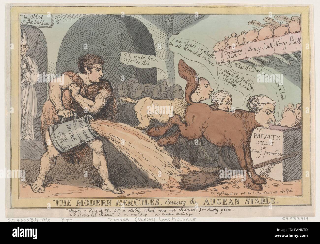 L'Hercules, le nettoyage ethnique moderne Augean stables. Artiste et éditeur : Thomas ROWLANDSON (britannique, Londres 1757-1827 Londres). Fiche Technique : Dimensions : 9 x 13 7/16 9/16 in. (24 × 34,5 cm). Objet : William Pitt (britannique, 1759-1806) ; Henry Dundas, 1er vicomte Melville (British, Édimbourg, 1742-1811). Date : 23 avril, 1805. Musée : Metropolitan Museum of Art, New York, USA. Banque D'Images