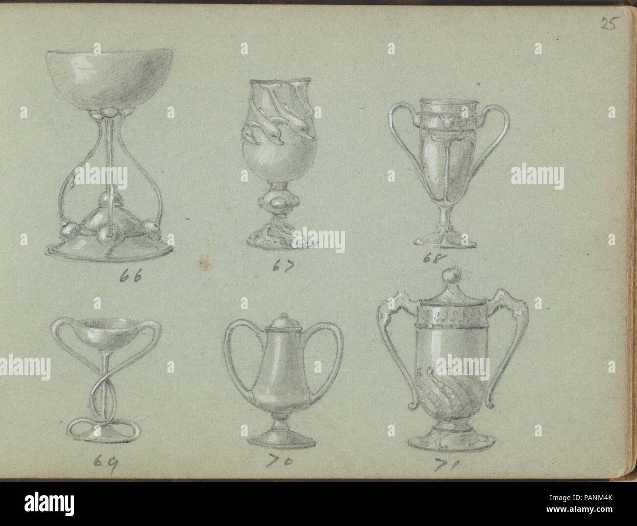 Six modèles de récipients à boire. Artiste : Edgar Simpson 499 Airport Road (britannique, 1867-1945 (présumée)). Fiche technique : Dimensions : 3 1/2 x 5 in. (8,9 x 12,7 cm). Date : 1899. Six modèles de récipients à boire, présenté en deux lignes. La ligne supérieure montre trois modèles différents pour les tasses, dont le second est décoré par les dauphins. L'ORRF inférieure présente trois modèles de tasses avec deux oreilles et les deux dernières ont également un couvercle. Musée : Metropolitan Museum of Art, New York, USA. Banque D'Images